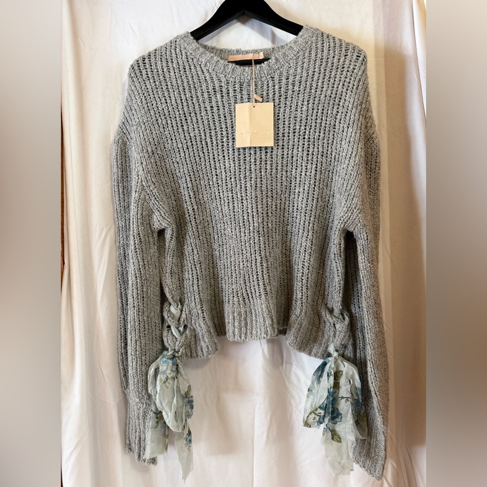 BROCK COLLECTION Luxury Kimba Knit Grey Sweater with Floral Tie Accents Large